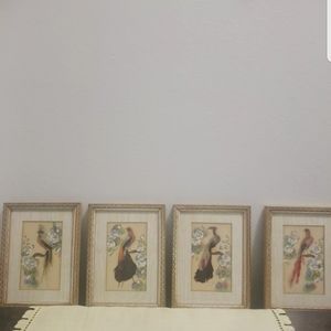Vintage Mexican Framed Feather Bird Art, Lot Of 4
